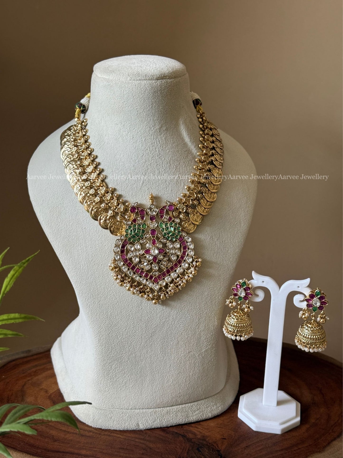 PREMIUM COIN NECKLACE SET WITH PINK / GREEN KUNDAN PEACOCK PENDANT AND GOLD BEADS