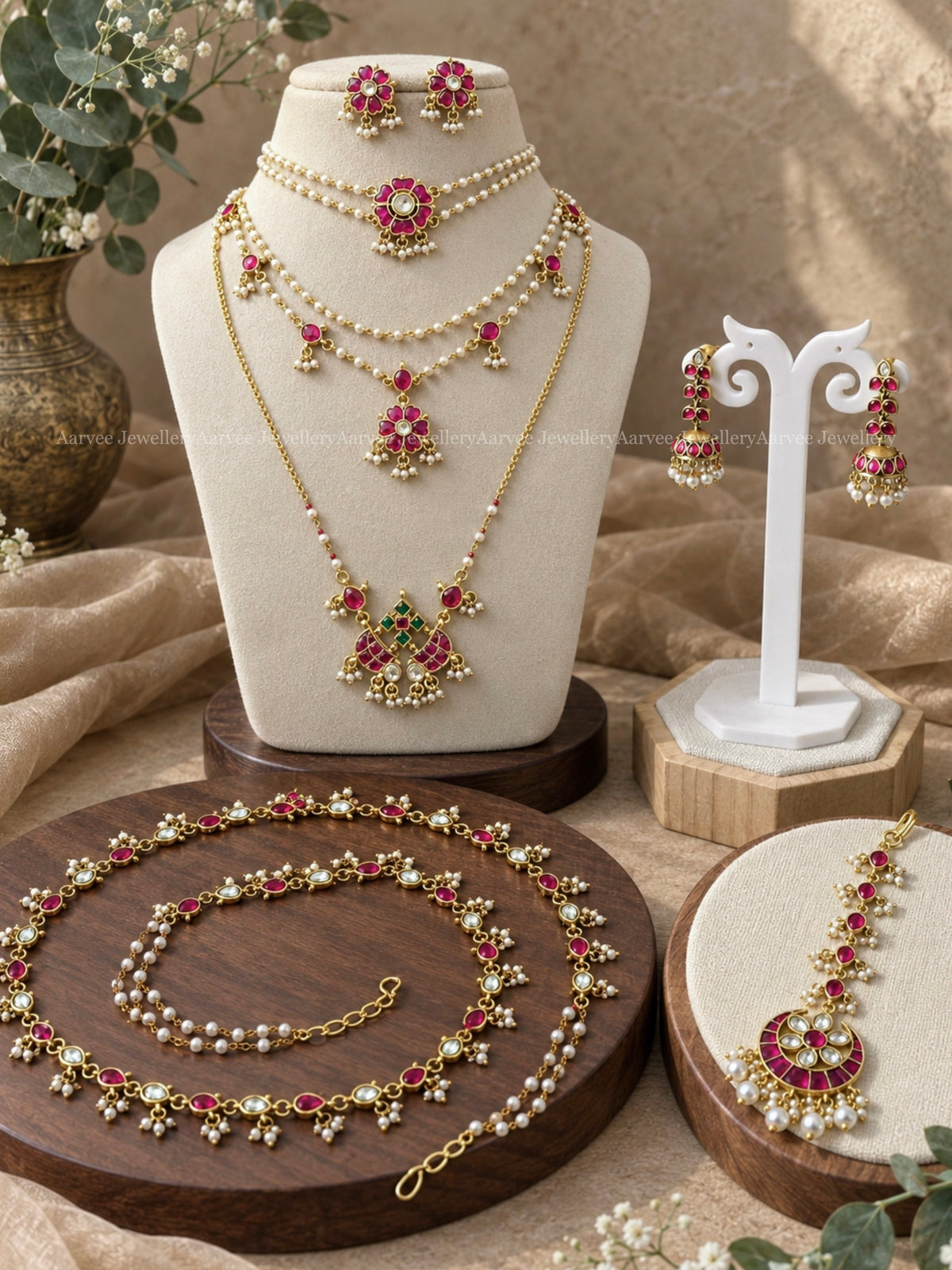 JADAU KUNDAN MINIMAL BRIDAL SET WITH WHITE / RUBY STONES