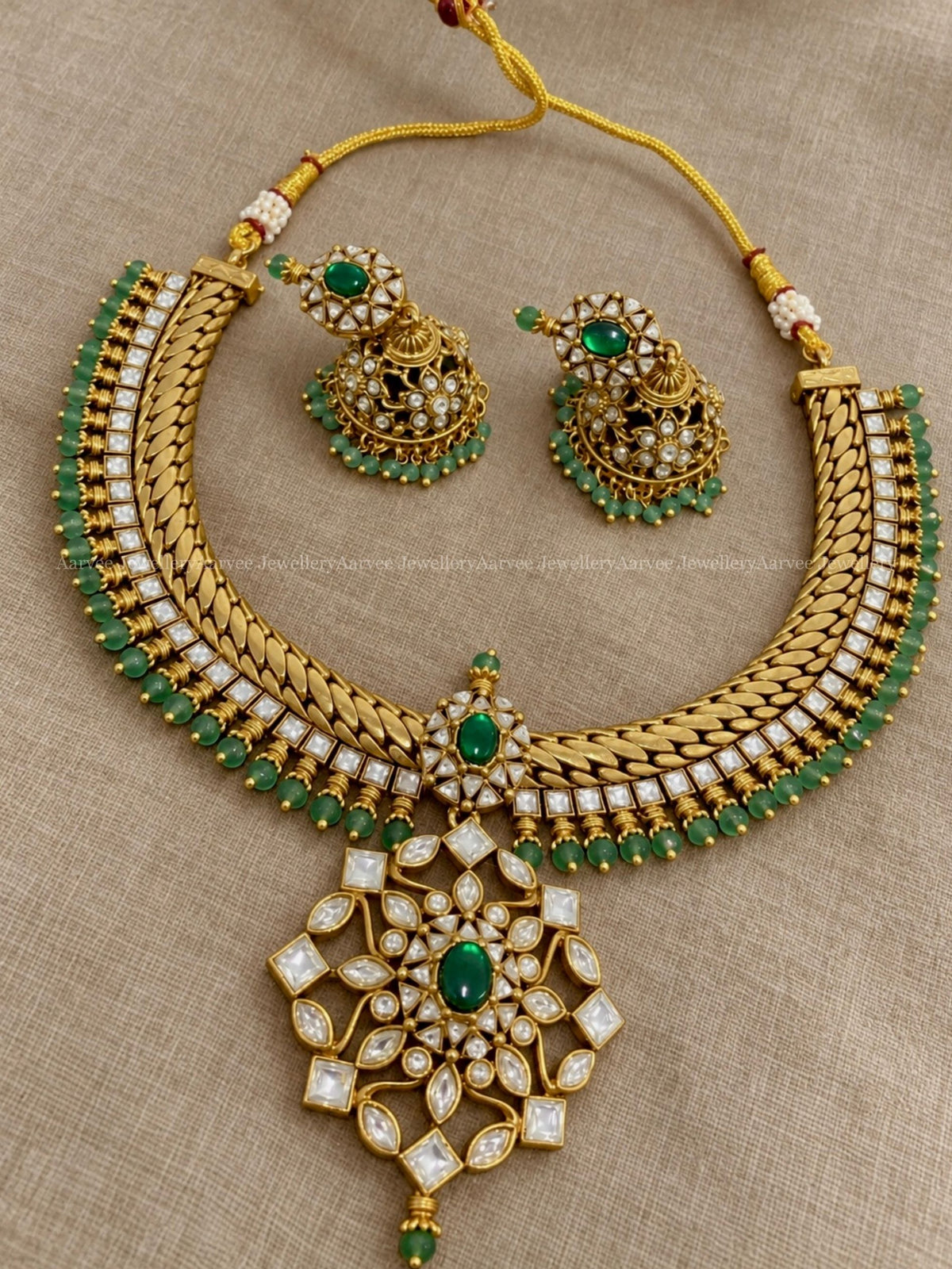 PREMIUM GOLD PLATED WHITE KUNDAN STONES JALEBI NECKLACE SET WITH PASTEL BEADS