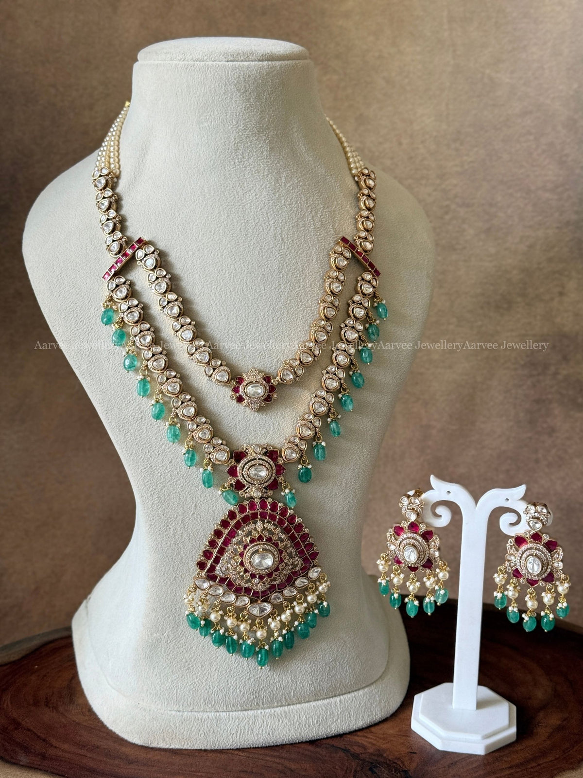 PREMIUM MOISSANITE STONES 2 LAYER MID LENGTH VICTORIAN HARAM SET WITH PASTEL BEADS