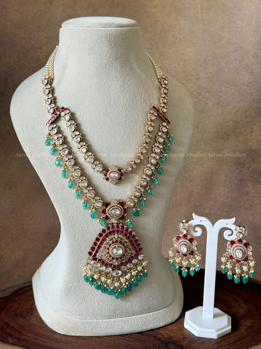 PREMIUM MOISSANITE STONES 2 LAYER MID LENGTH VICTORIAN HARAM SET WITH PASTEL BEADS