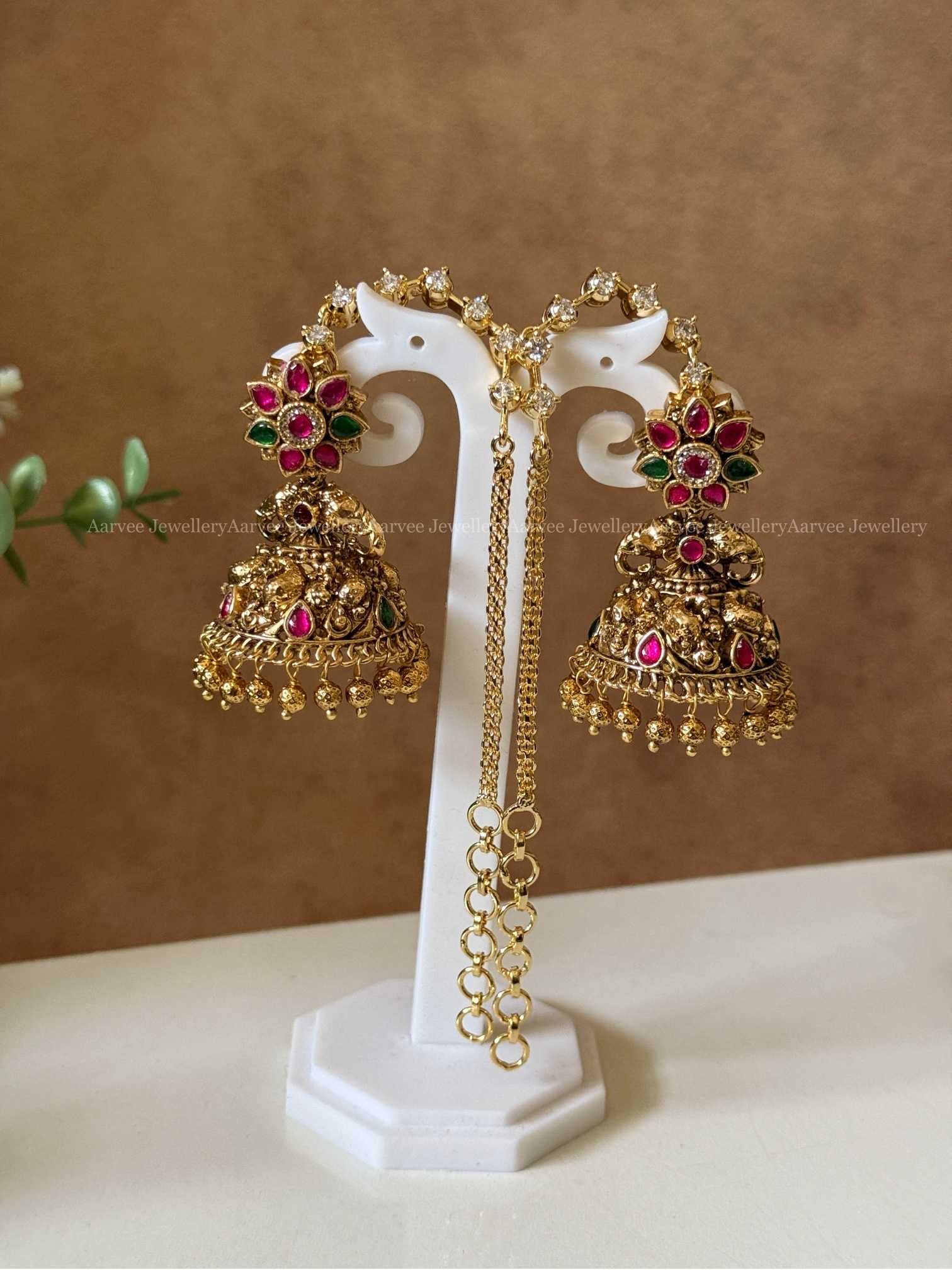 PREMIUM KUNDAN STONES JHUMKI WITH EAR CHAIN IN GOLD BEADS