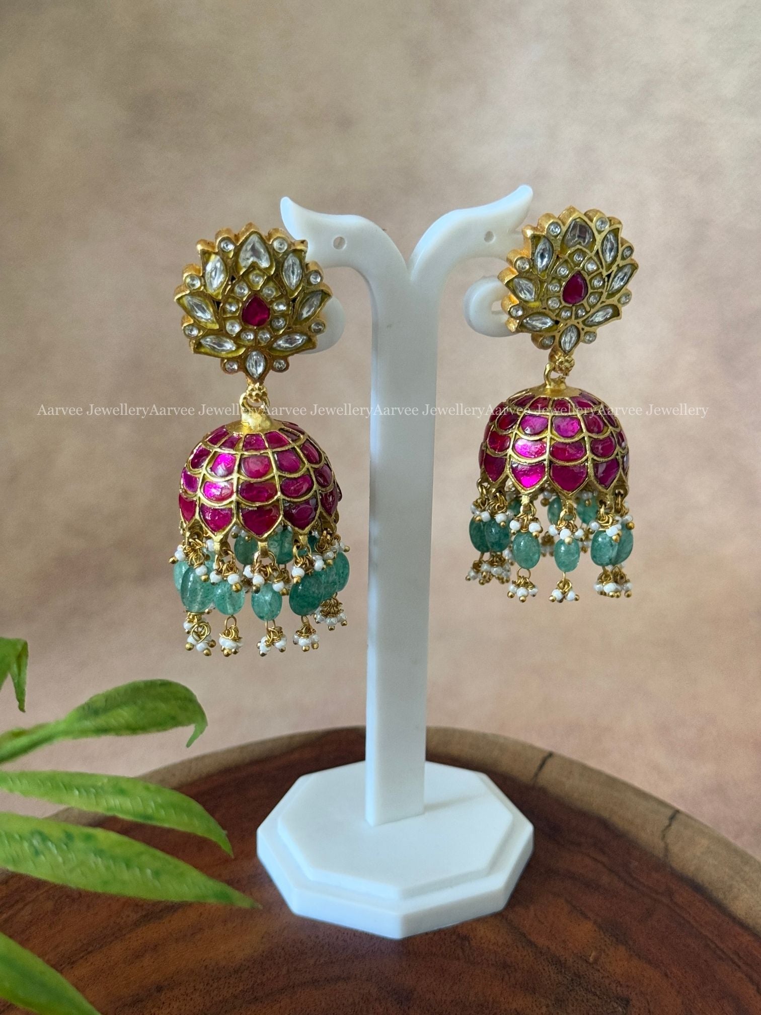 JADAU KUNDAN WHITE / PINK LOTUS JHUMKI WITH PASTEL BEADS