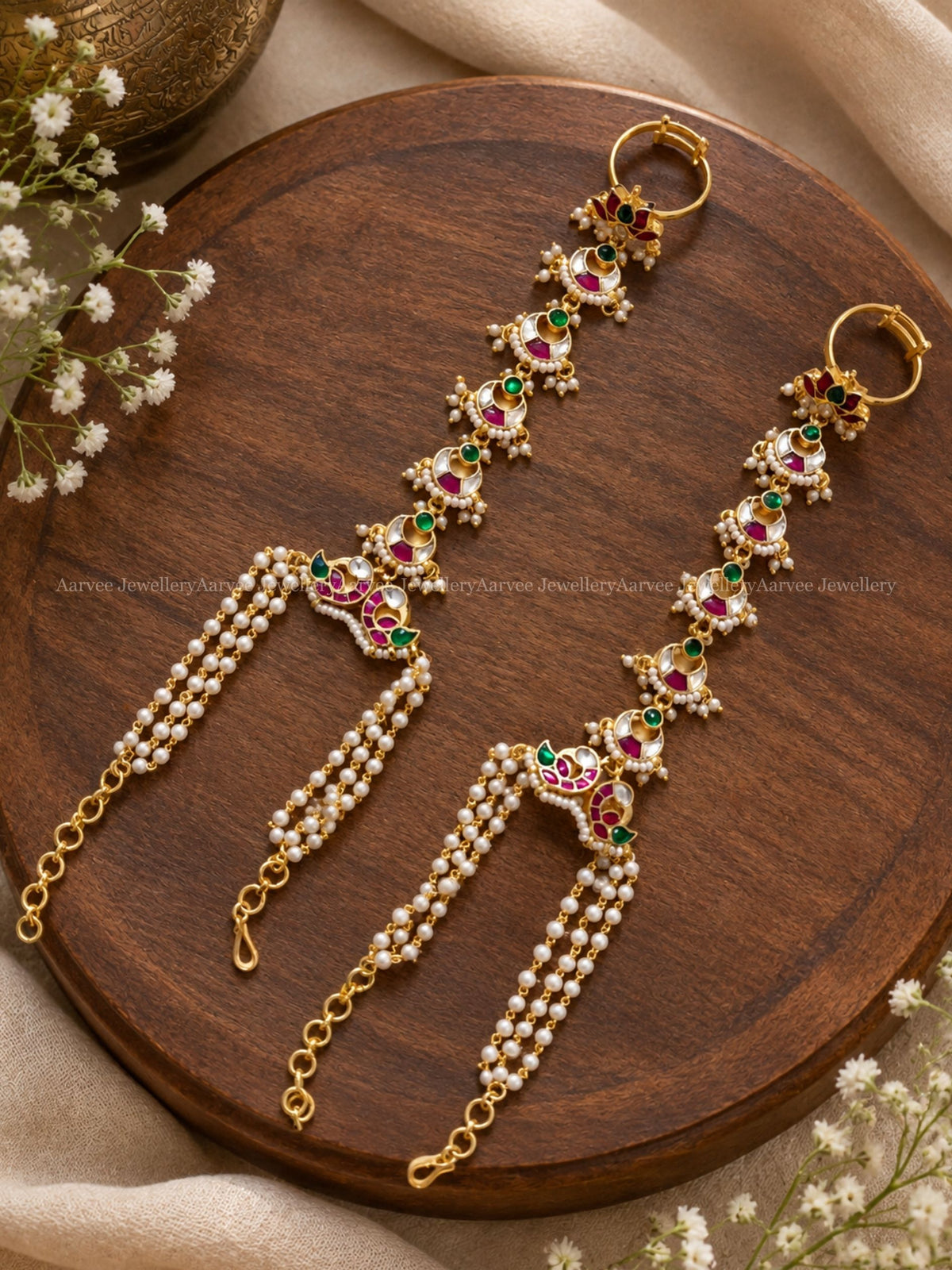 POLKI KUNDAN MULTI COLOR LOTUS MOTIF HATHPHOOL WITH FINGER RING