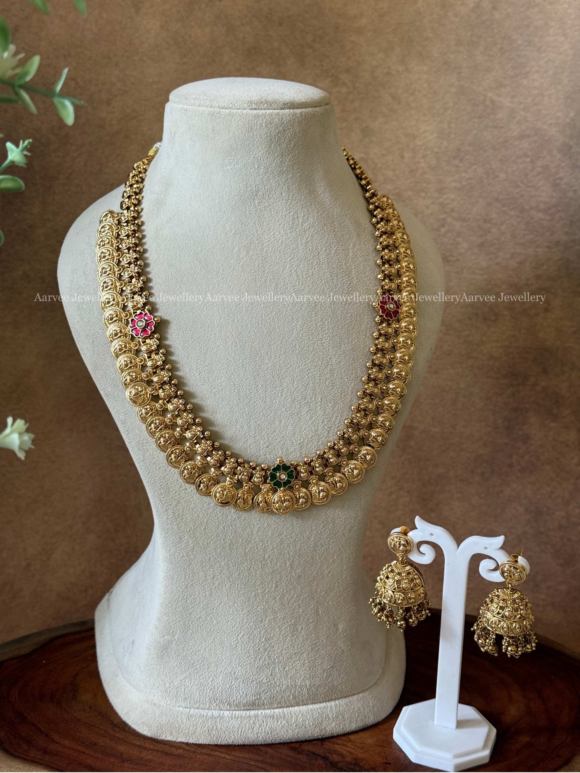ANTIQUE GOLD PEACOCK MOTIF COIN MID LENGTH HARAM SET WITH KEMP FLORAL PENDANT