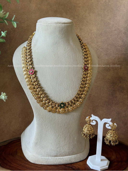 ANTIQUE GOLD PEACOCK MOTIF COIN MID LENGTH HARAM SET WITH KEMP FLORAL PENDANT