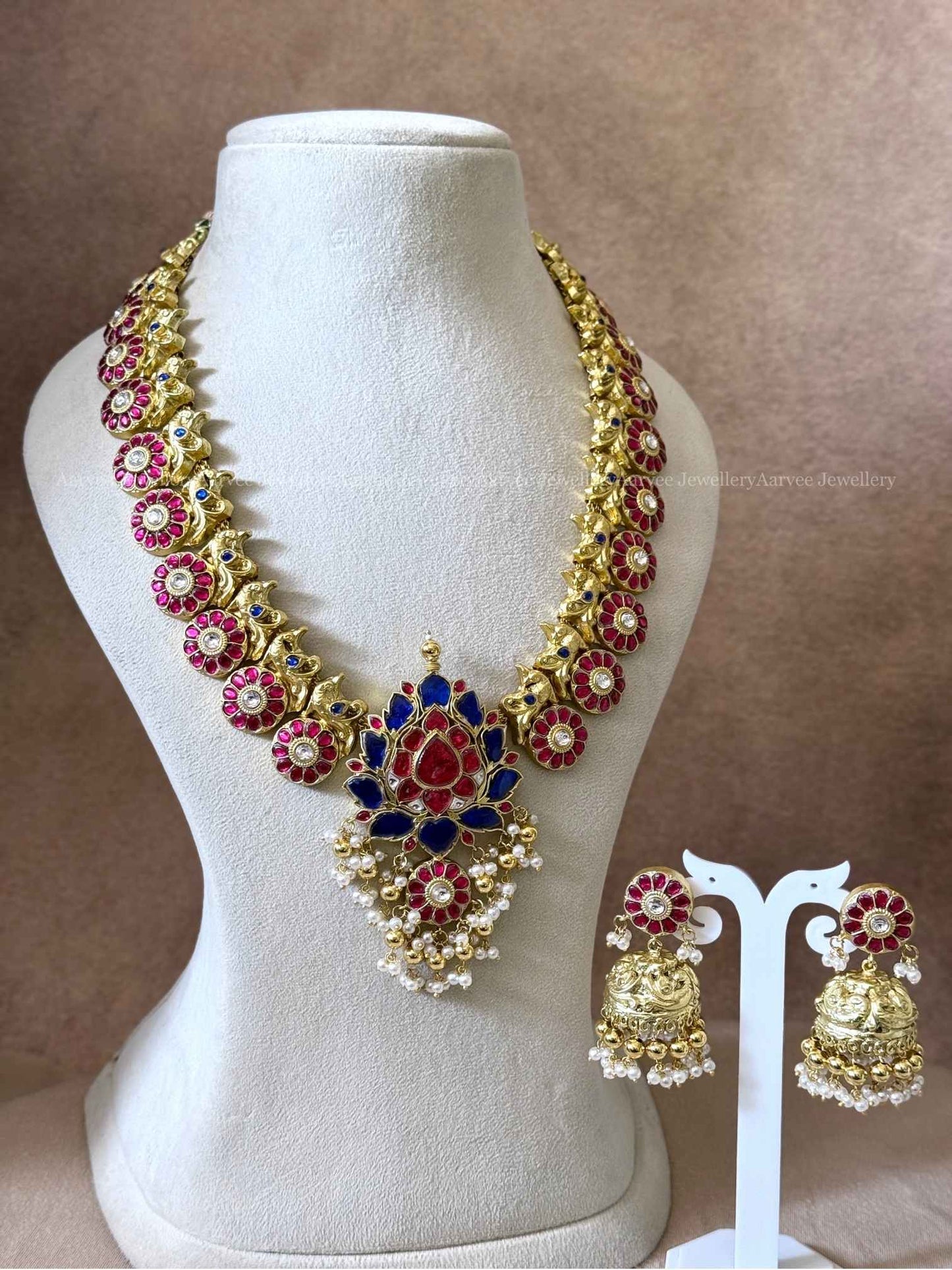 JADAU KUNDAN BLUE / PINK STONES BUTTA HARAM SET WITH LOTUS PENDANT