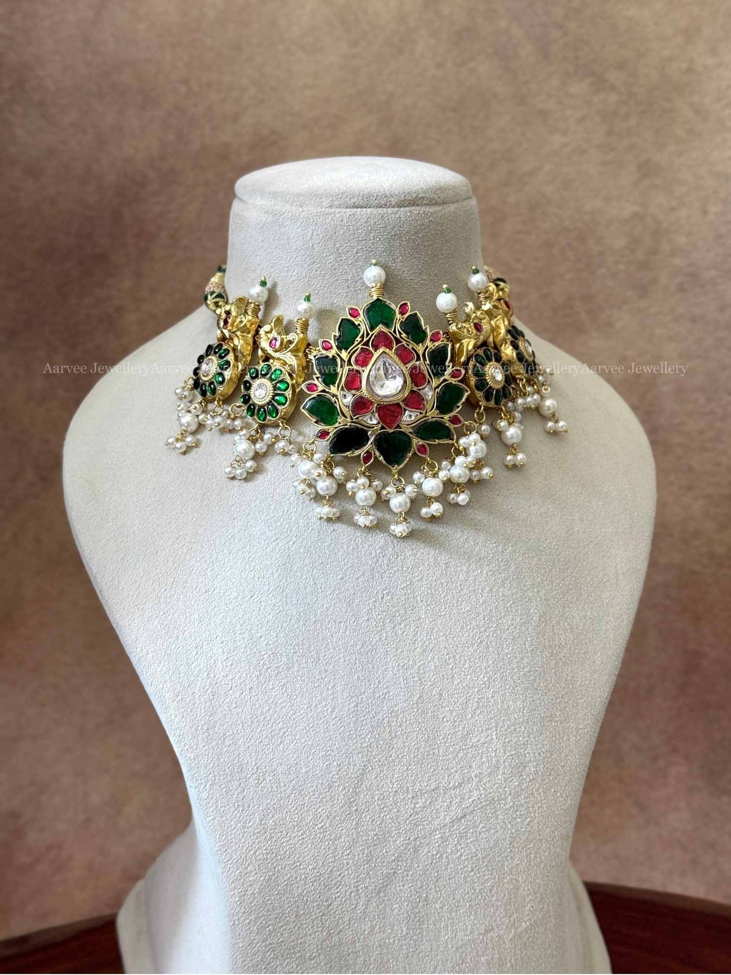 JADAU KUNDAN GREEN STONE LOTUS CHOKER WITH PEARL BEADS