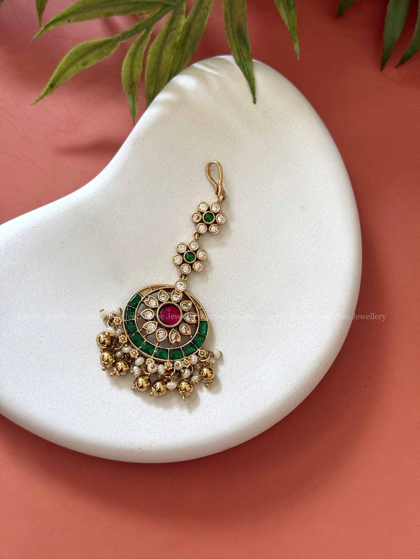 KEMP FLORAL TIKKA WITH RUBY / GREEN STONES AND GOLD BEADS