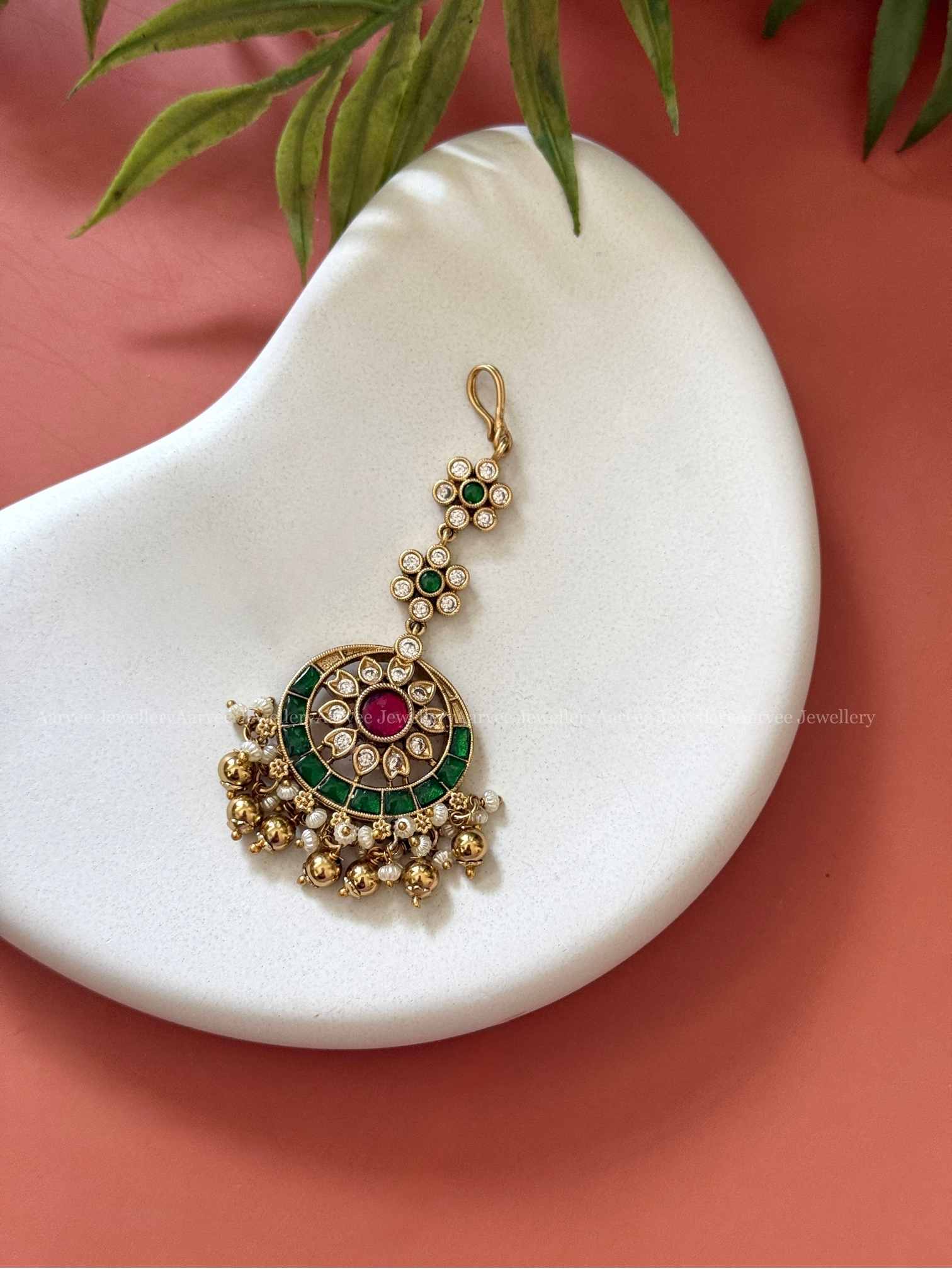 KEMP FLORAL TIKKA WITH RUBY / GREEN STONES AND GOLD BEADS