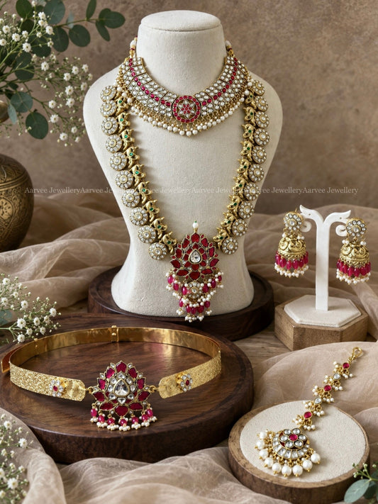 JADAU KUNDAN LOTUS MOTIF WHITE / RUBY STONES BRIDAL JEWELLERY SET 
