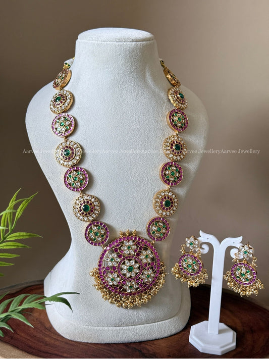 PREMIUM PINK KUNDAN MULTI COLOR BOTTU & FLORAL HARAM SET WITH GOLD BEADS