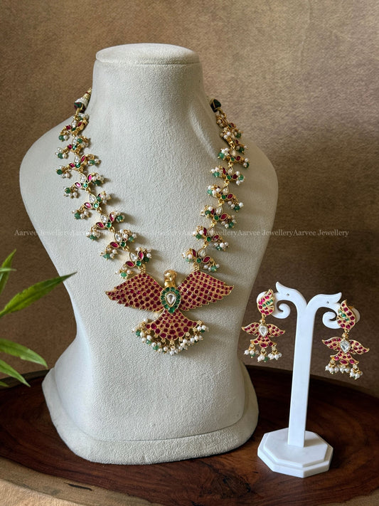 HIGH QUALITY MULTI COLOUR FLORAL KEMP NECKLACE SET WITH GANDABERUNDA PENDANT WITH PASTEL BEADS