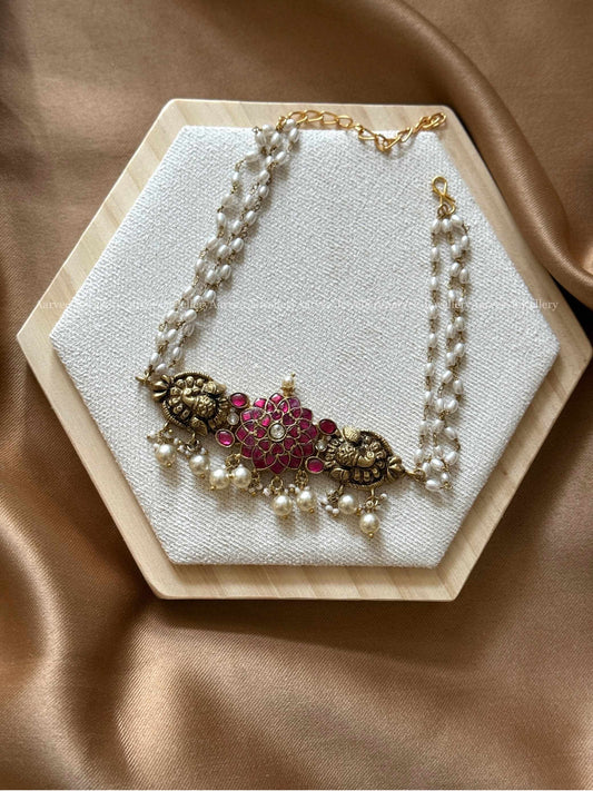 JADAU KUNDAN PEARL CHOKER WITH PINK FLORAL PENDANT