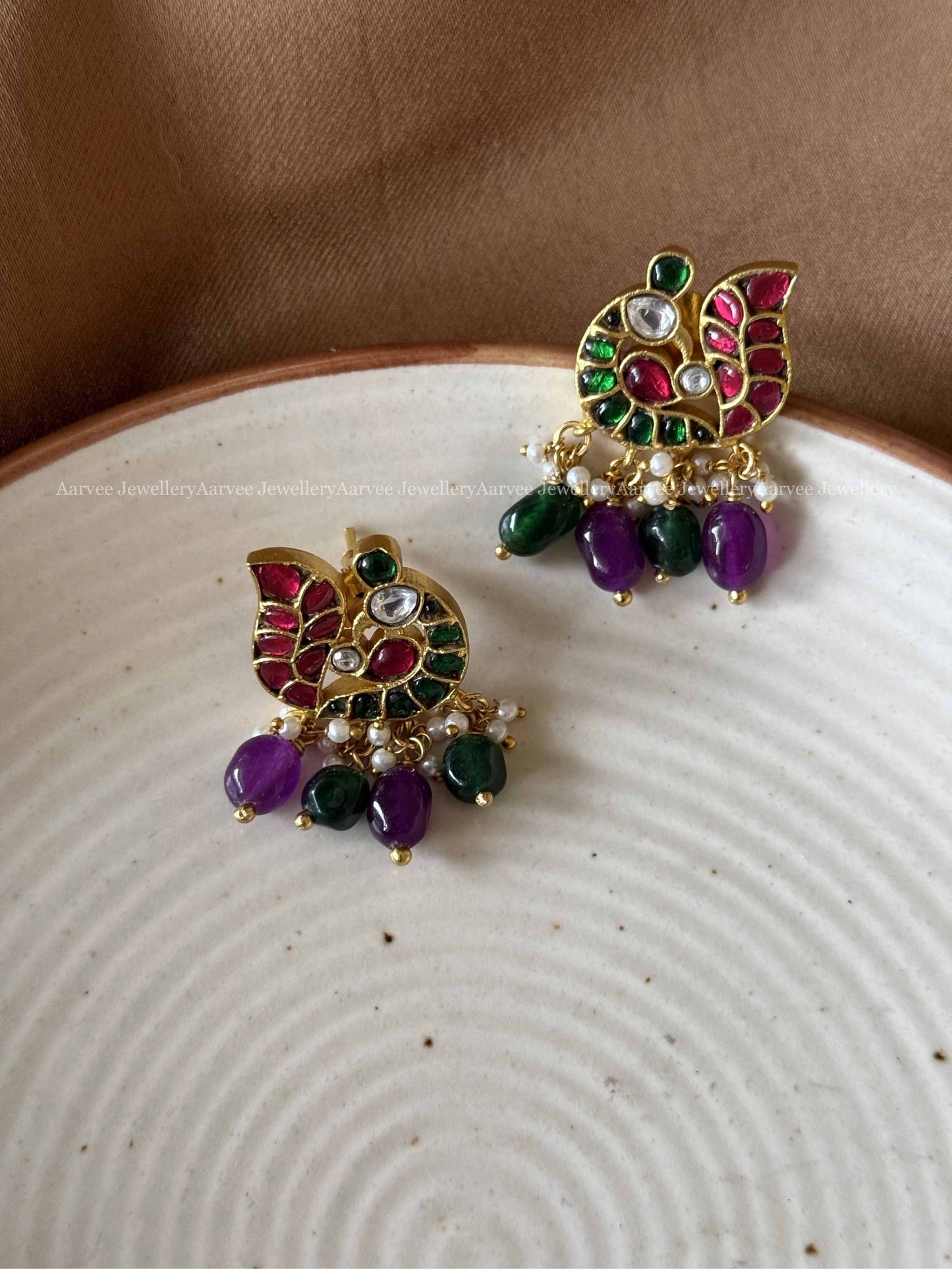 JADAU KUNDAN PEACOCK STUDS WITH GREEN & PURPLE BEADS