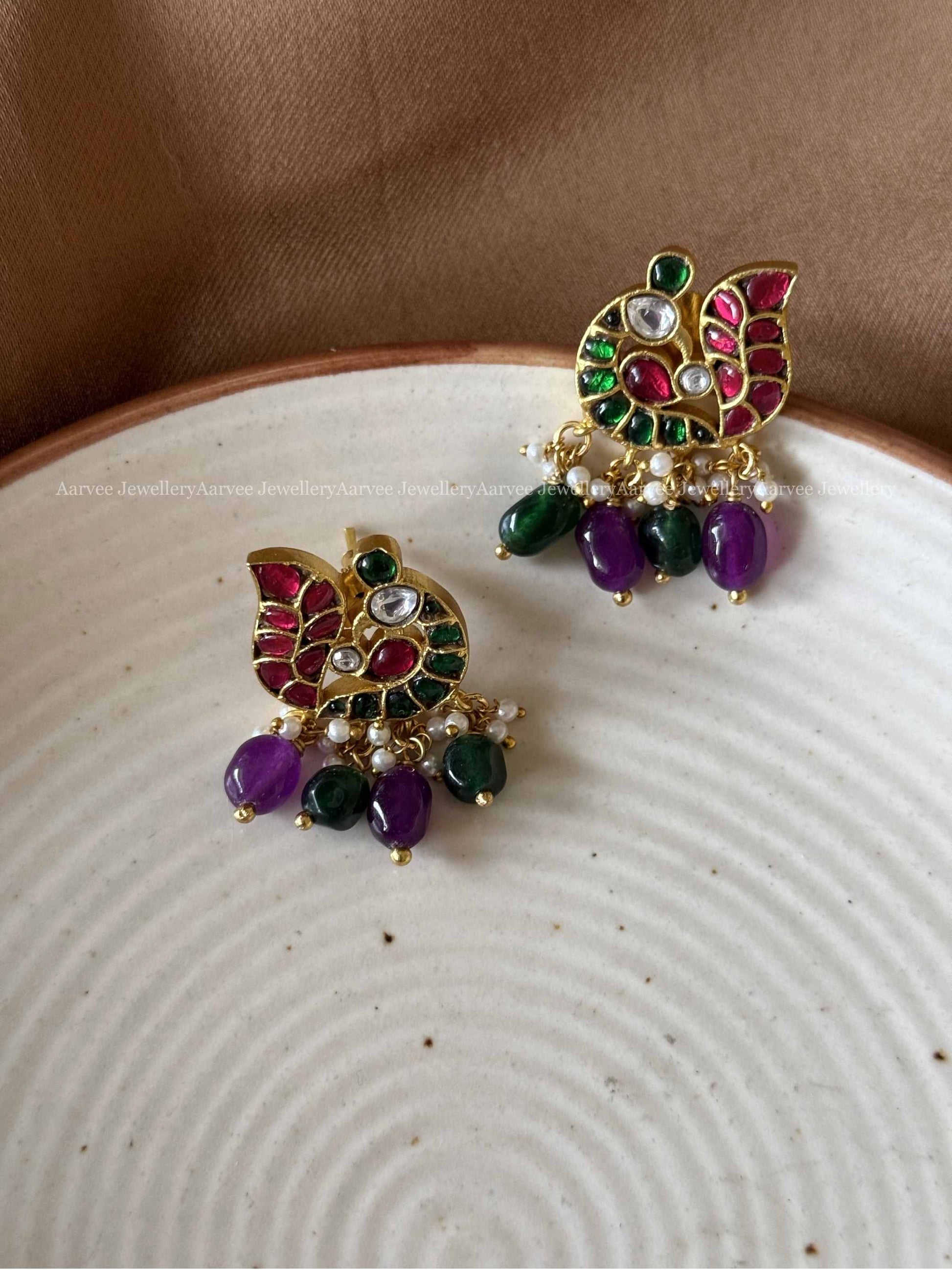 JADAU KUNDAN PEACOCK STUDS WITH GREEN & PURPLE BEADS