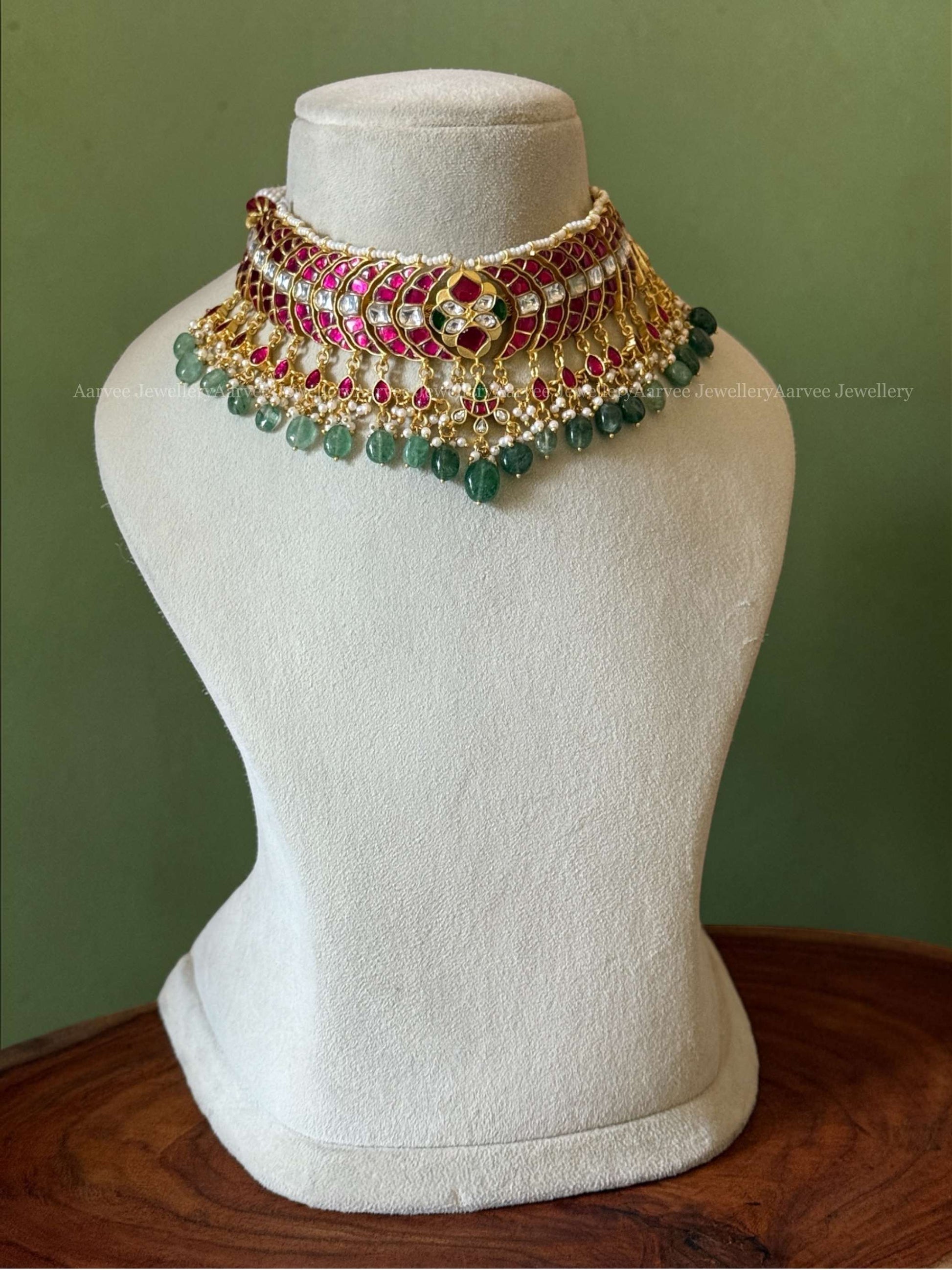 JADAU KUNDAN RUBY STONE FLORAL & CHAND DESIGN CHOKER WITH PASTEL BEADS