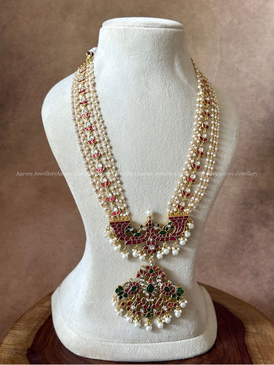 JADAU KUNDAN PEARL BEADED LAYERED MID LENGTH HARAM WITH PEACOCK PENDANT