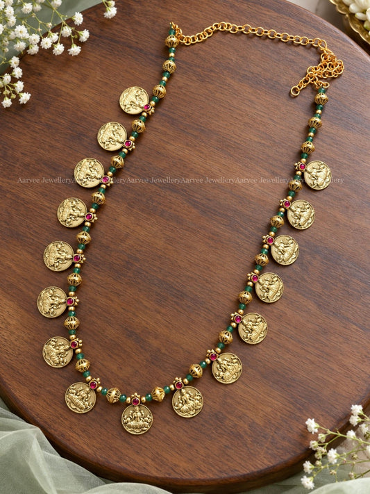 JADAU KUNDAN LAKSHMI ANTIQUE GOLD TONE COIN AND PASTEL BEADS MIDLENGTH CHAIN