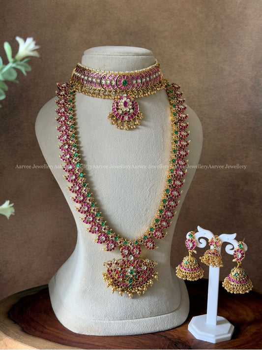 PREMIUM PINK KUNDAN CHOKER WITH MANGO HARAM SET WITH GOLD BEADS