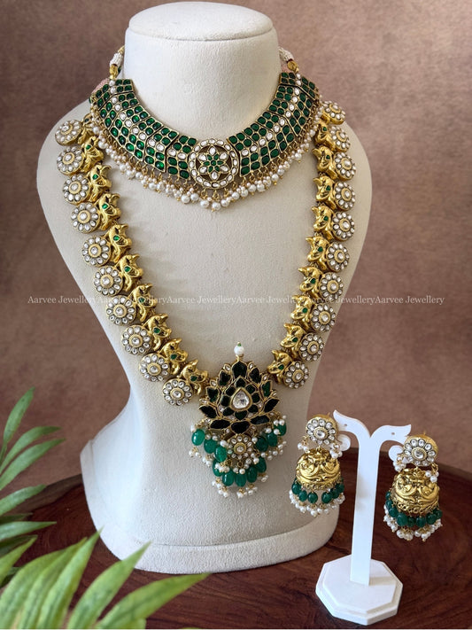 JADAU KUNDAN GREEN STONE LOTUS JHUMKI WITH WINE PINK BEADS