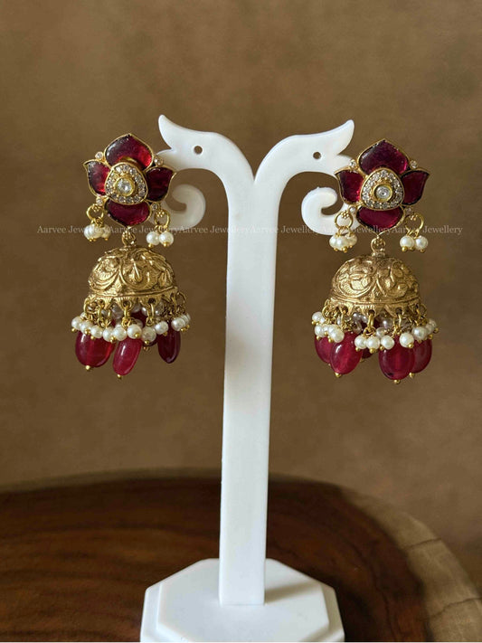 CLEARANCE - RED STONE FLORAL JHUMKI WITH RED BEADS