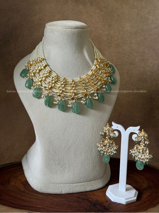 POLKI KUNDAN PEARL BUNCH STATEMENT NECKLACE SET WITH PASTEL BEAD DROPS