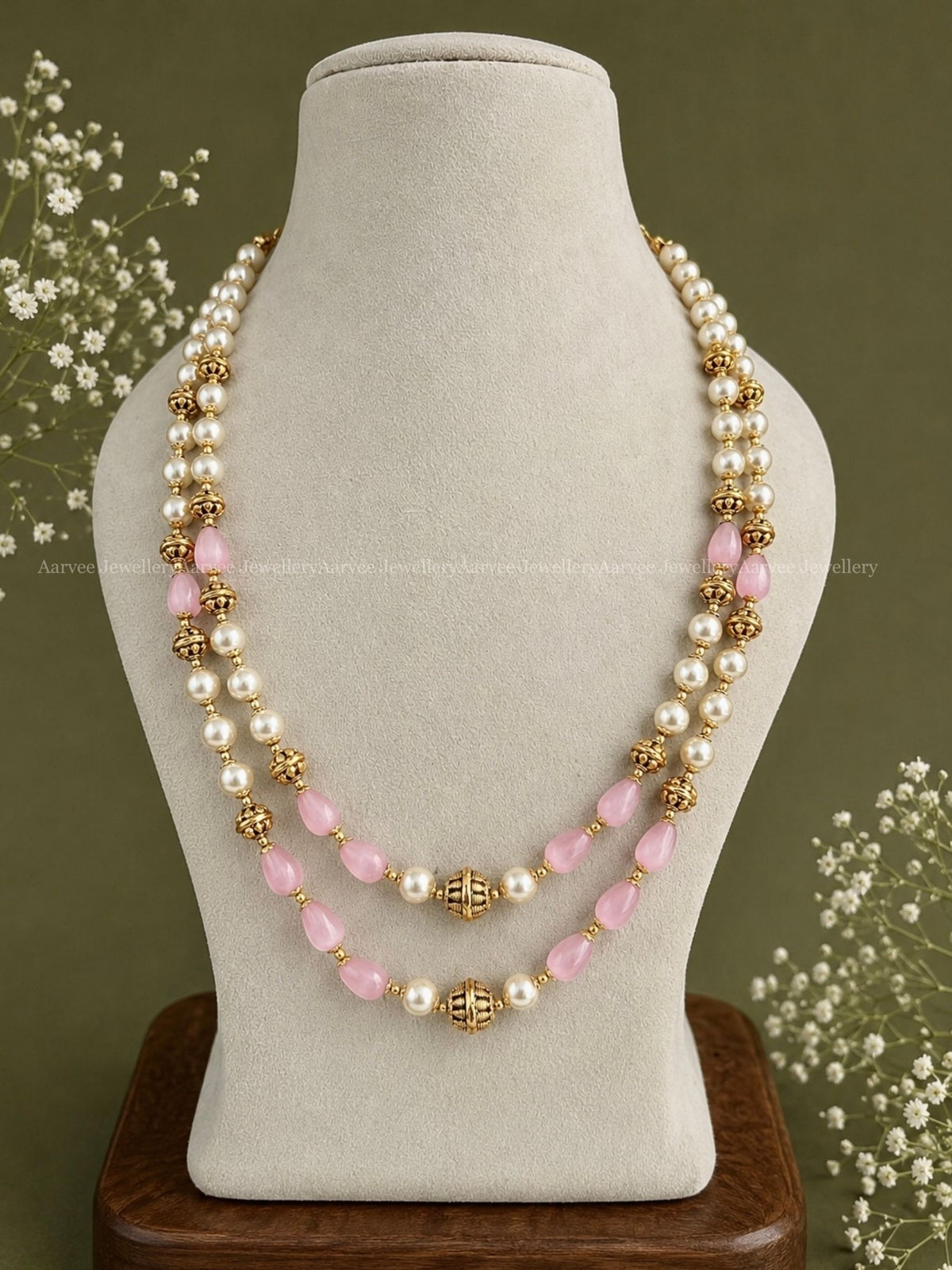 PEARL AND PASTEL PINK BEADS 2 LAYER MALA