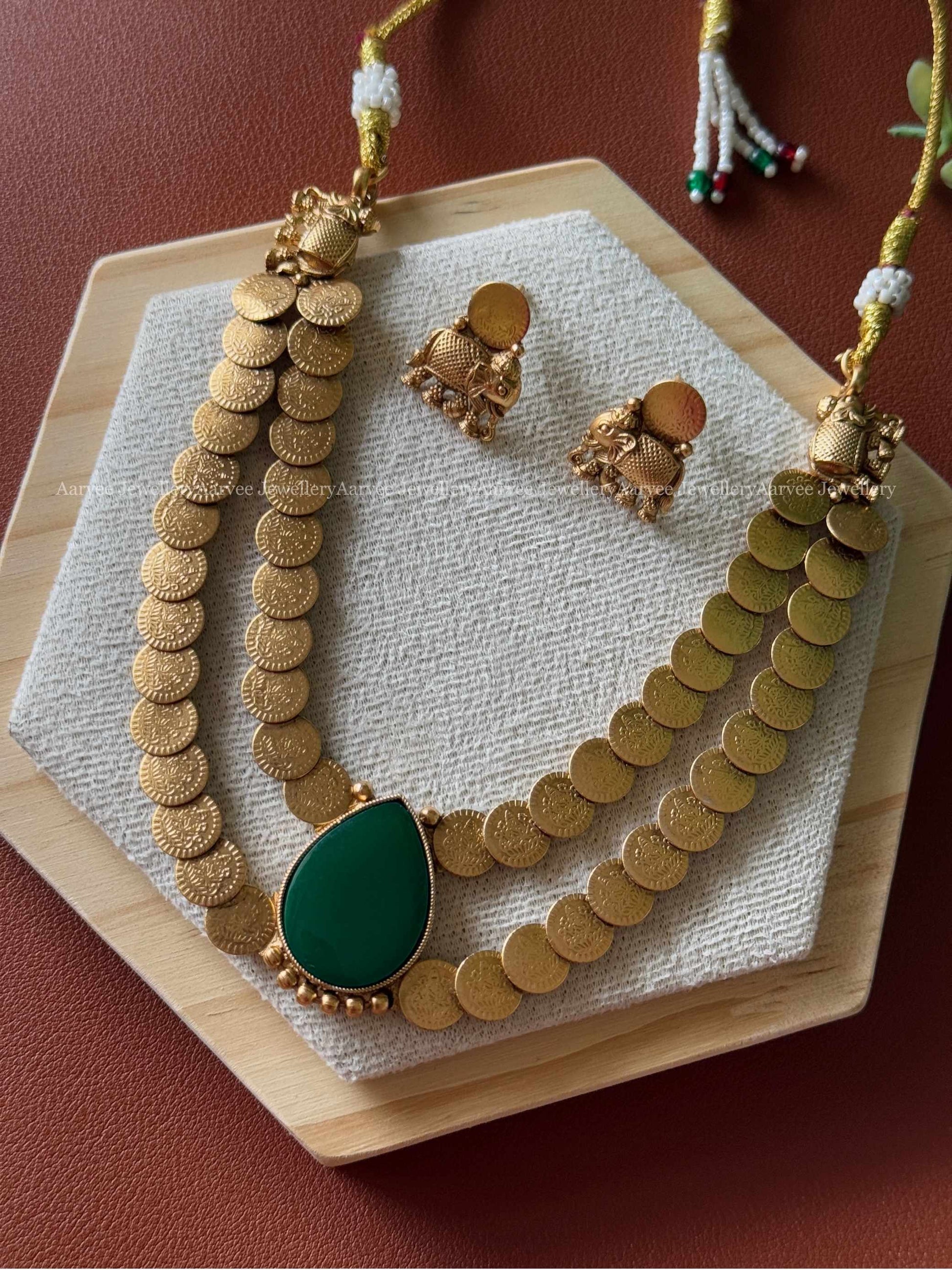 TWO LAYER COIN NECKLACE SET WITH GREEN STONE TEAR DROP PENDANT