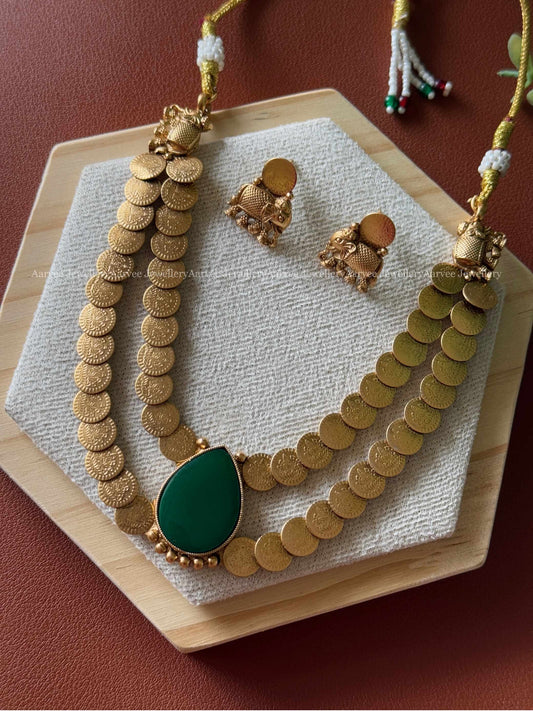 TWO LAYER COIN NECKLACE SET WITH GREEN STONE TEAR DROP PENDANT
