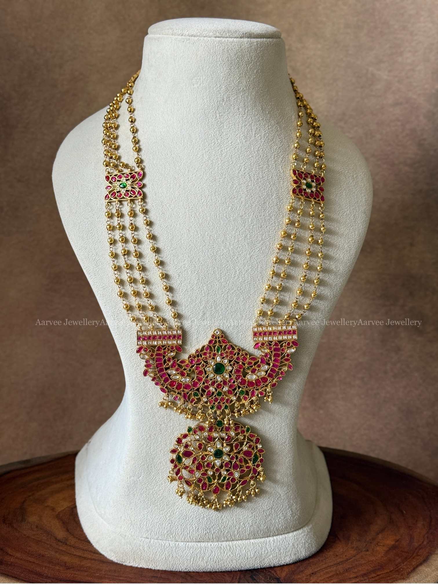 ANTIQUE GOLD BEADED LAYERED HARAM WITH RUBY STONE JADAU KUNDAN PENDANT