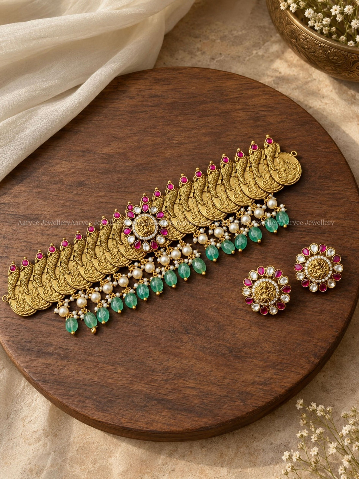 PREMIUM PINK / WHITE KUNDAN STONES  COIN CHOKER SET WITH PASTEL BEADS