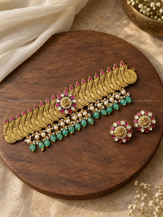 PREMIUM PINK / WHITE KUNDAN STONES  COIN CHOKER SET WITH PASTEL BEADS
