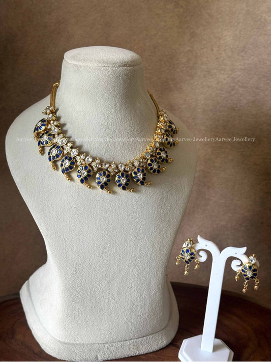 JADAU KUNDAN BLUE AND WHITE COLOUR MANGO NECKLACE SET