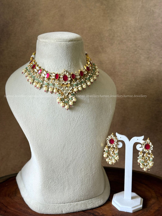 POLKI KUNDAN RUBY STONE NECKLACE SET WITH PEARL & TINY PASTEL BEADS