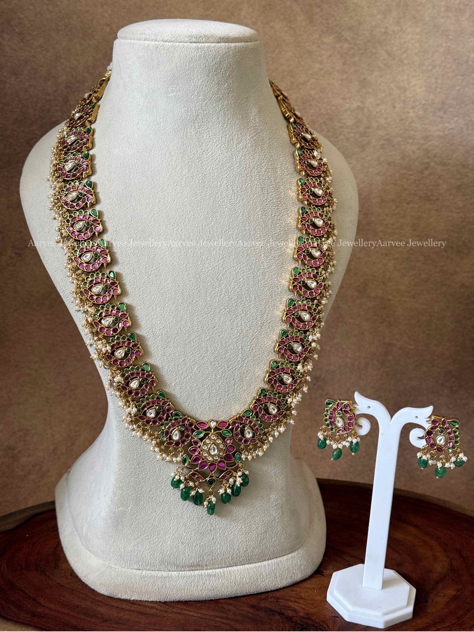 HIGH QUALITY MULTI COLOR KEMP STONE PEACOCK & FLORAL MOTIF HARAM SET WITH PASTEL BEADS