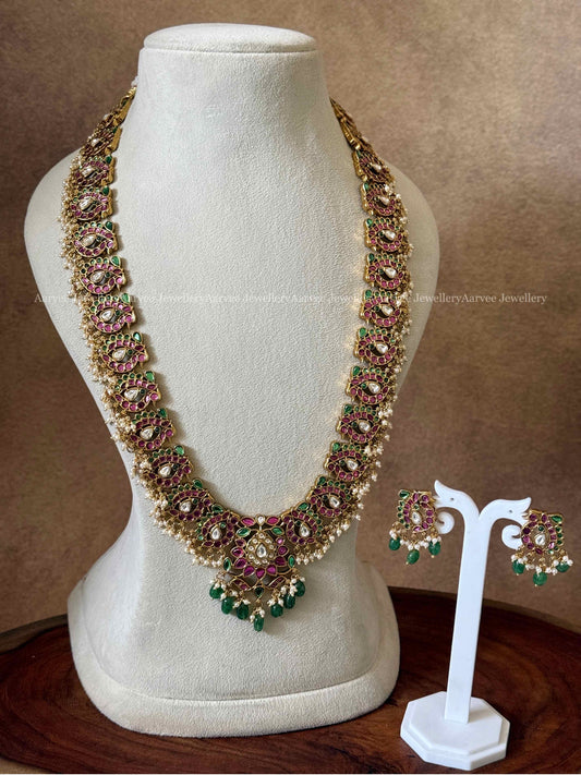 HIGH QUALITY MULTI COLOR KEMP STONE PEACOCK & FLORAL MOTIF HARAM SET WITH PASTEL BEADS