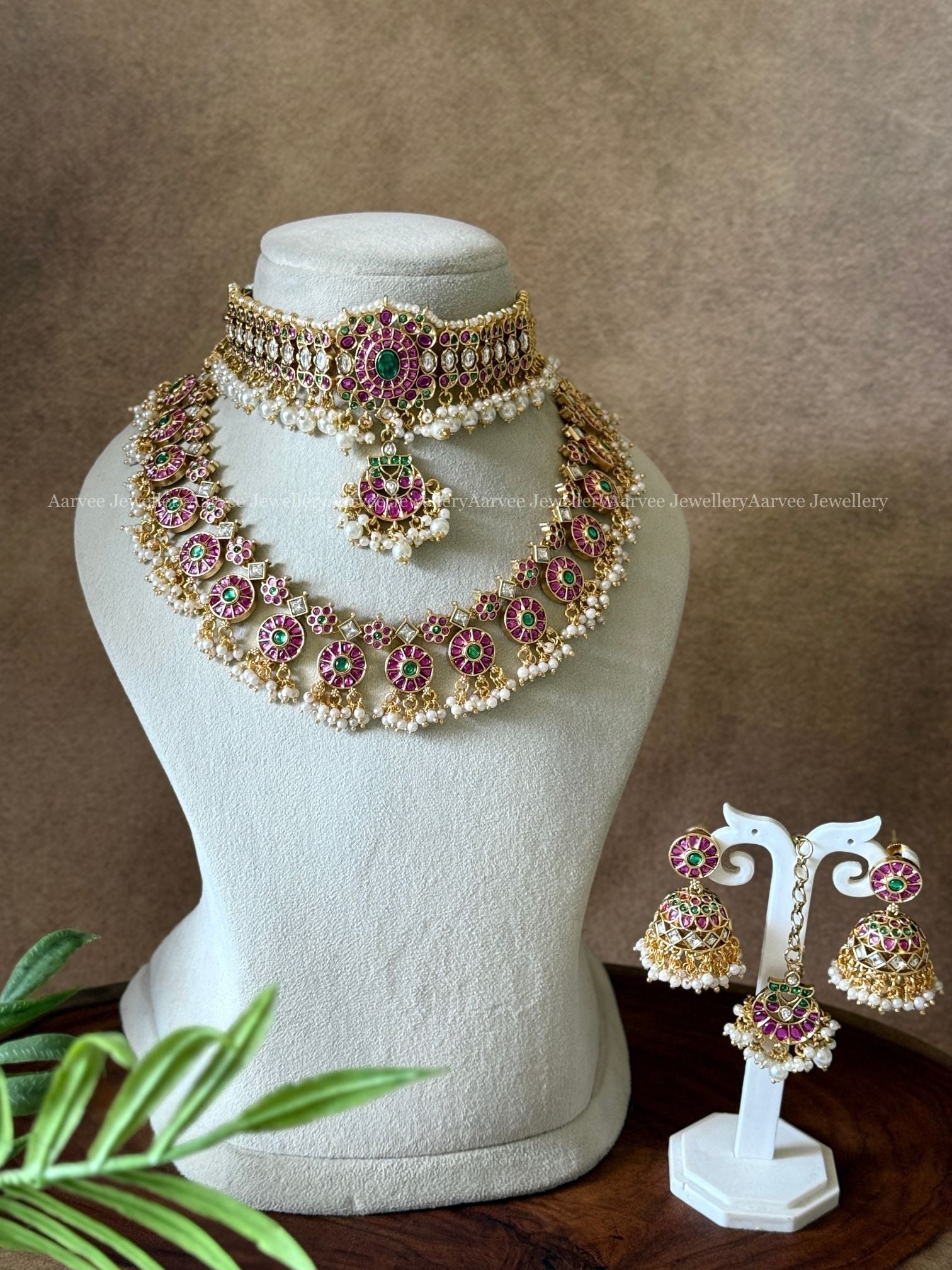 COMBO -  KEMP PINK STONE SINGLE PENDANT CHOKER WITH BOTTU MALA NECKLACE SET