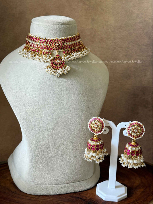JADAU KUNDAN FULL PEARLS CHOKER WITH BUTTA JHUMKI