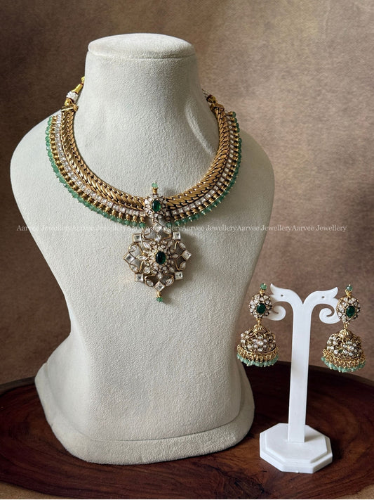 PREMIUM GOLD PLATED WHITE KUNDAN STONES JALEBI NECKLACE SET WITH PASTEL BEADS