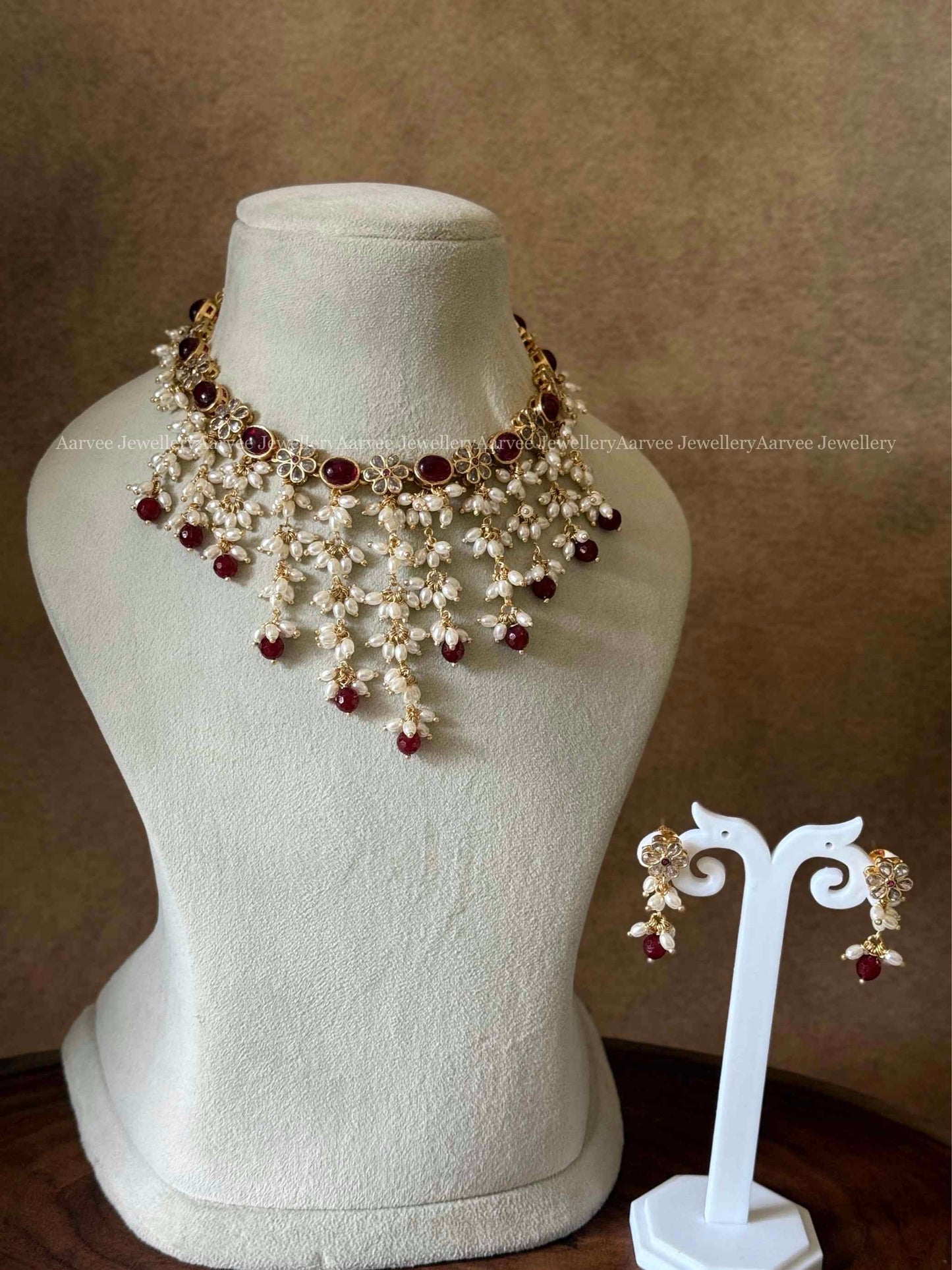 CLEARANCE - RUBY STONE FLORAL NECKLACE SET WITH LAYERED RUBY BEADS