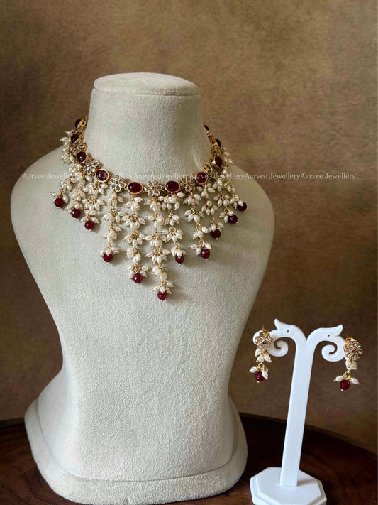 CLEARANCE - RUBY STONE FLORAL NECKLACE SET WITH LAYERED RUBY BEADS