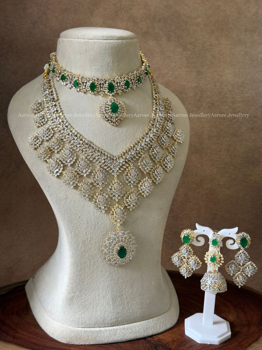 WHITE / GREEN AD STONES SEMI BRIDAL JEWELLERY SET