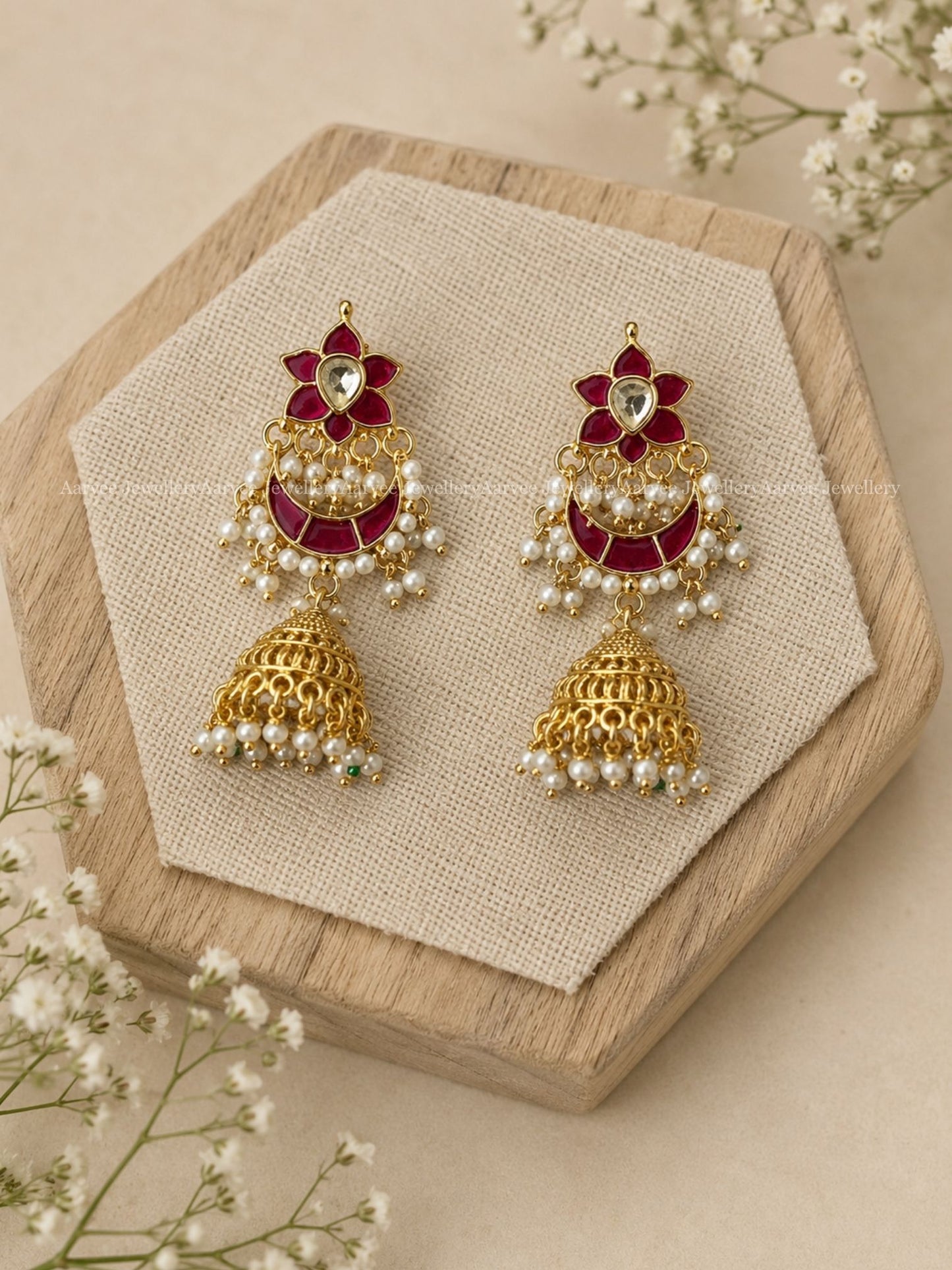POLKI KUNDAN RUBY STONE FLORAL CHAND JHUMKI