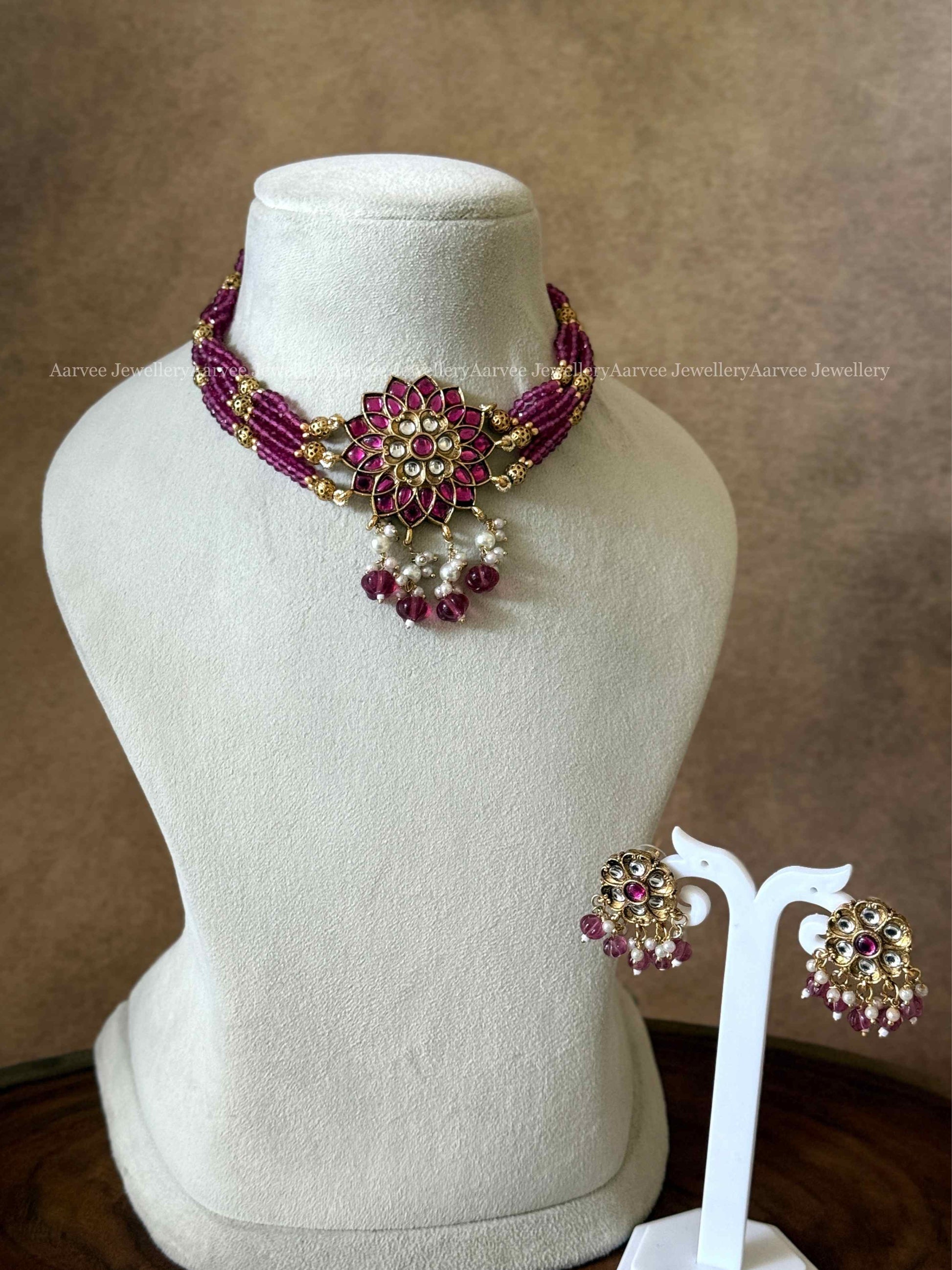 PINK BEADS CHOKER SET WITH GOLD FINISH PINK FLORAL PENDANT