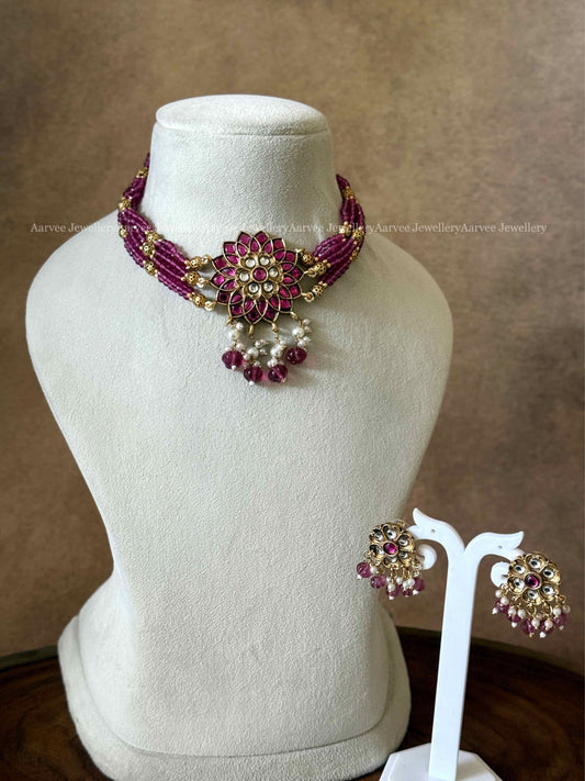PINK BEADS CHOKER SET WITH GOLD FINISH PINK FLORAL PENDANT