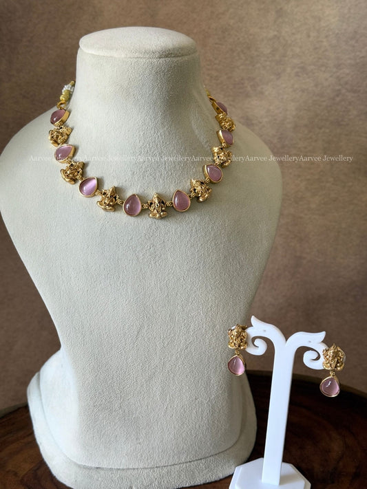 CLEARANCE - GANESHA NECKLACE SET WITH PASTEL PINK STONE