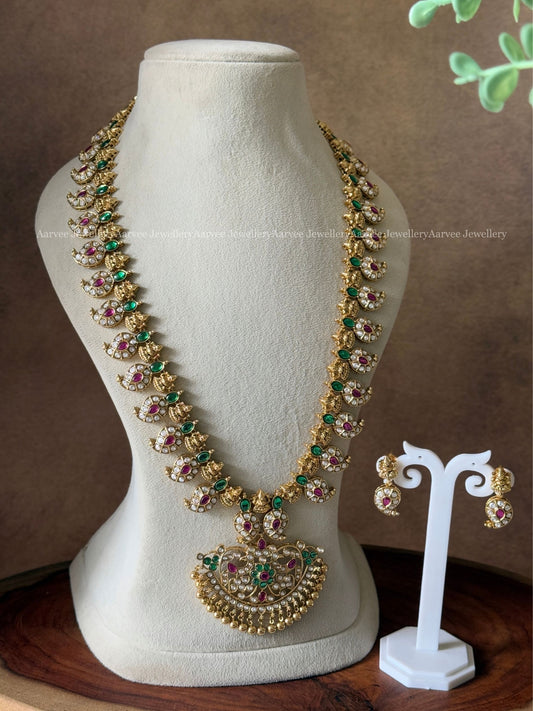 ANTIQUE GOLD WHITE / PINK KUNDAN LAKSHMI & MANGO MOTIF HARAM SET