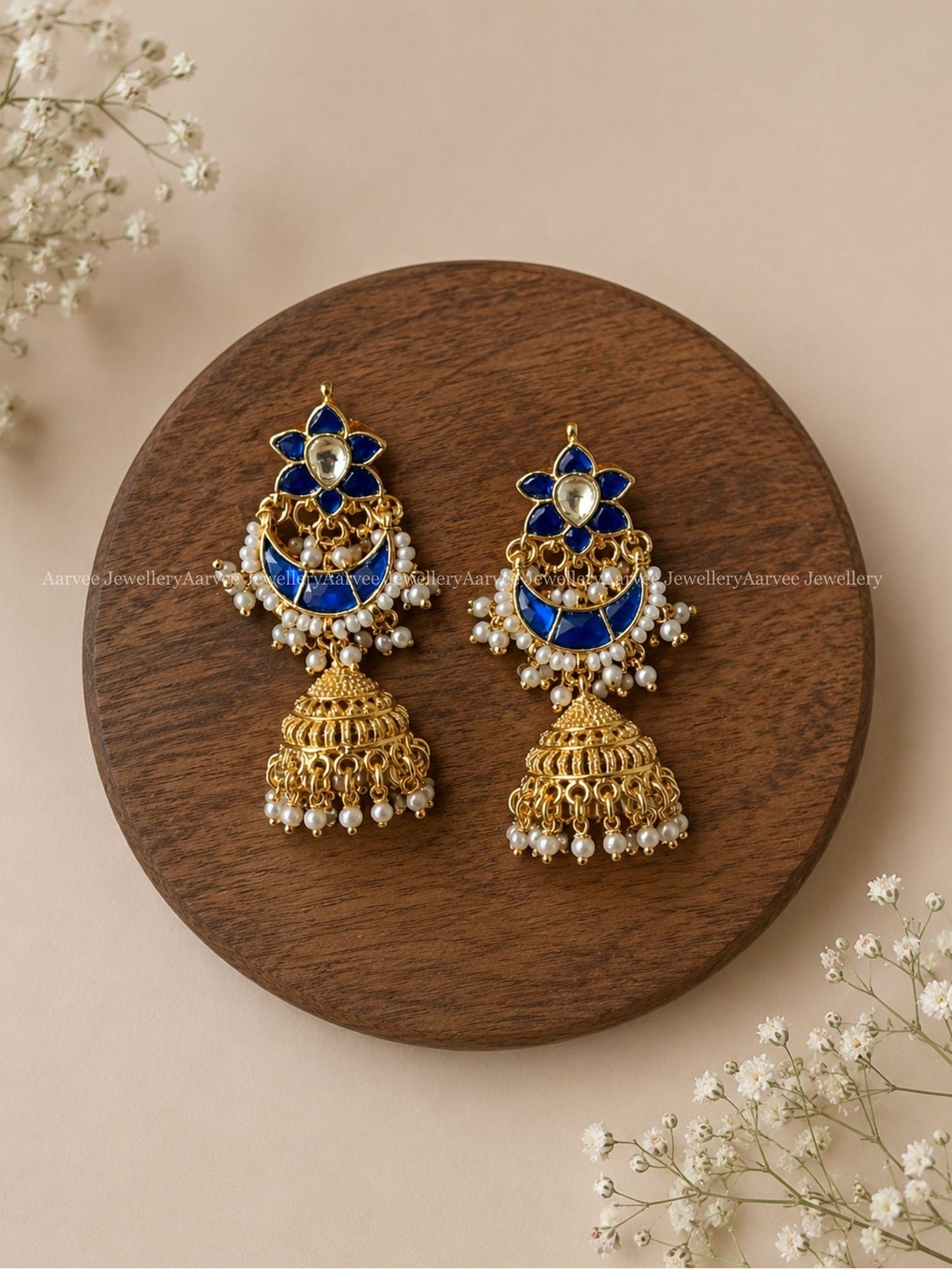 POLKI KUNDAN BLUE STONE FLORAL CHAND JHUMKI