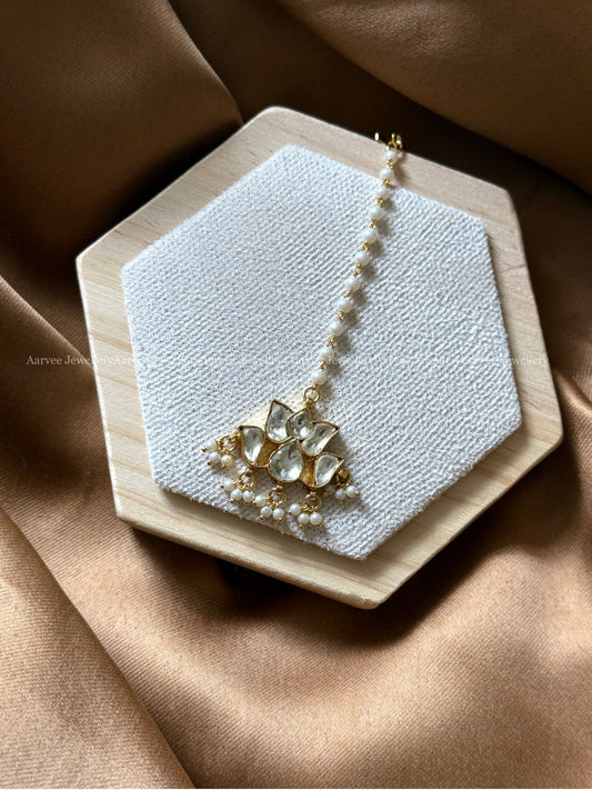 POLKI KUNDAN PEARL LINE WHITE STONE LOTUS TIKKA